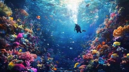 Diving adventure underwater exploration coral reef marine life ocean immersive view vibrant ecosystem