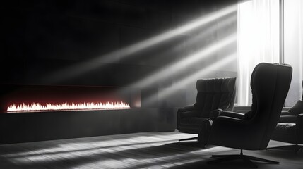 Fototapeta premium Dark, modern lounge with glowing fireplace and sunlight beams.