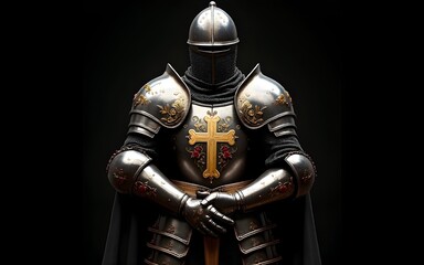 The Holy Knight: Armor of Christ. Medieval armor  with ornate decorations, cross and floral motifs on black background. High quality