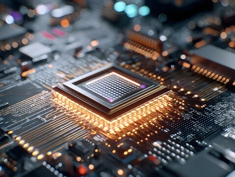 Quantum chip computing revealed in telephoto nano-realism shot showcasing cutting-edge microprocessor architecture and futuristic potential
