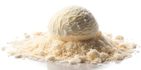 Scoop of coconut ice cream placed on a pile of shredded coconut flakes against a white background