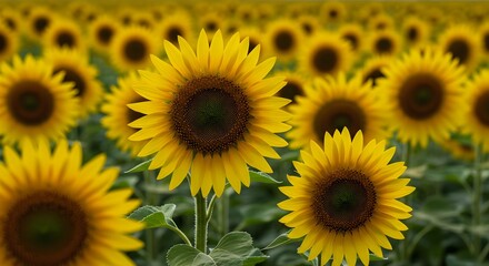 Obraz premium Vibrant Sunflower Field Under Bright Blue Sky in Full Bloom