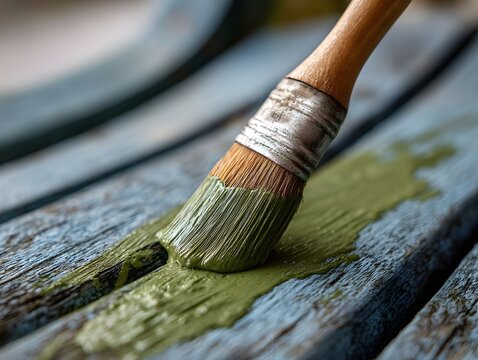 Paintbrush layering olive green strokes in close-up shot revealing distinctive textured brushwork technique artistic creations