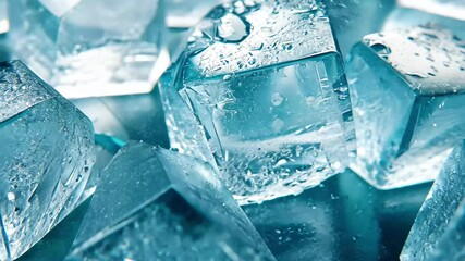 Closeup of clear ice cubes with water droplets on an abstract blue background showcasing cooling effects, Ice cubes closeup, abstract background - Powered by Adobe