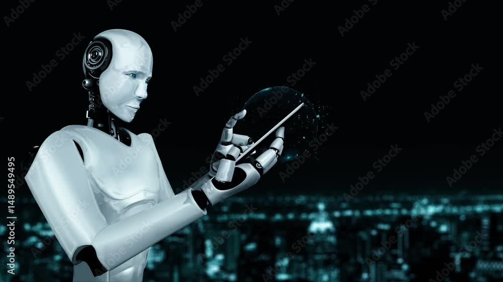 Poster futuristic robot artificial intelligence huminoid ai data analytic technology development and machin