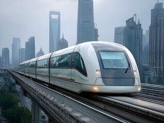 Naklejka premium Maglev transit car captured in wide telephoto shot showcasing sleek levitation design silent urban mobility