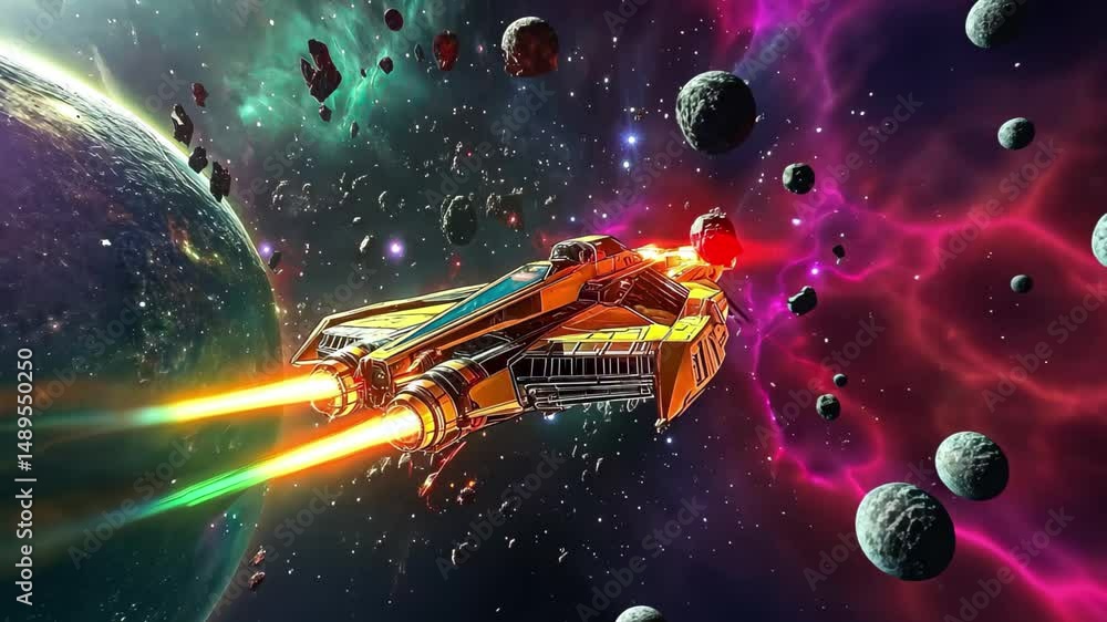 Poster colorful spacecraft gliding through a vibrant asteroid field in deep space, a beautiful flight in a 