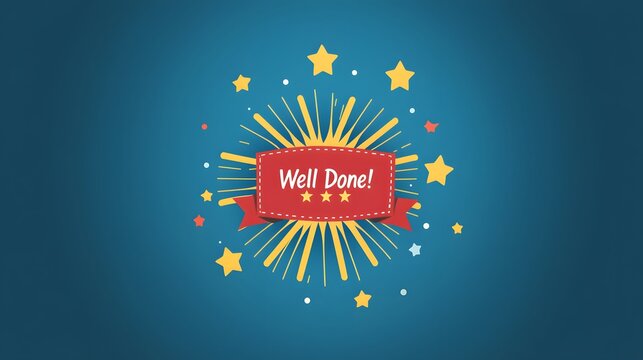 Flat animated onboarding success screen with starburst icon and "Well Done!" tag