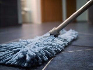 Close-up shot of microfiber mop laying on slate floor demonstrating efficient cleaning fiber technology performance