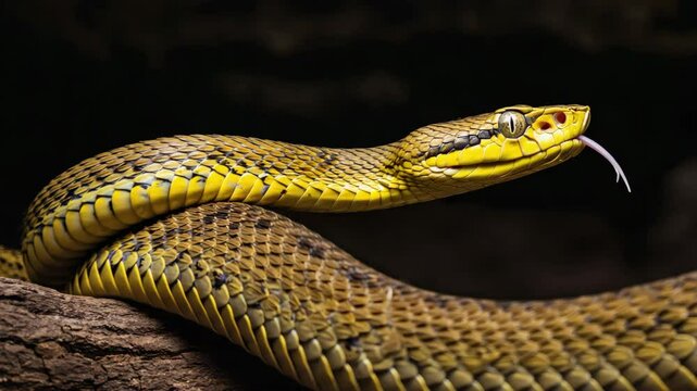 Golden snake resting alert on brown texture with patterned skin and sharp gaze. 