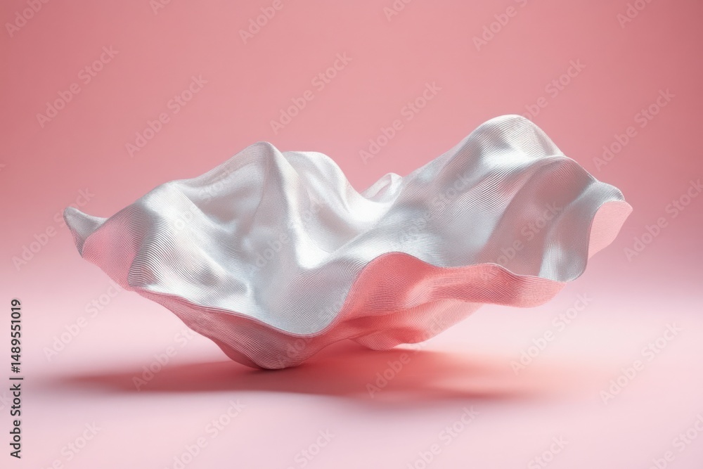 Poster abstract white fabric-like sculpture with flowing, smooth textures floating against soft pink gradie