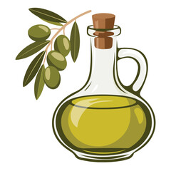 Premium olive oil bottle with fresh green branches isolated vector illustration on white background