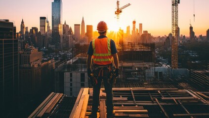 Naklejka premium Construction Worker at Sunset Over Cityscape