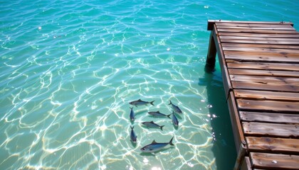 Fototapeta premium at low tide, the dock sits slightly above the water, creating a space for fish to swim lazily in the crystal clear turquoise waters below.