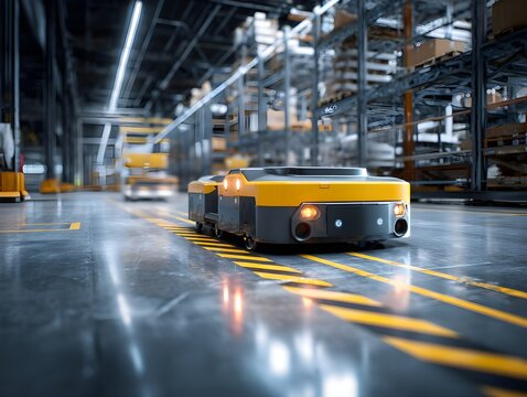Automated guided vehicle navigating factory floor in low-angle shot showcasing seamless logistics autonomy efficiency precision