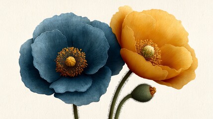 Poppy flower in the middle on a white background with space for text.