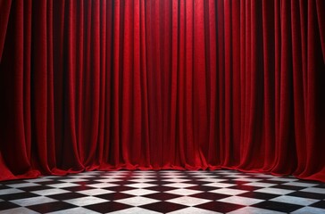 Empty stage with closed deep red velvet curtains and reflective black and white checkered floor under soft lighting