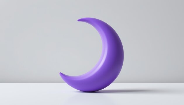 a vibrant, stylized violet crescent moon, rendered in a playful cartoon plastic style, takes center stage against a crisp white background. its smooth edges and bold lines exude a whimsical charm.