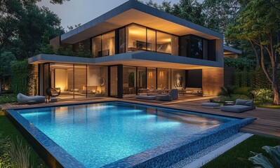Modern two-story house with large glass windows illuminated at dusk surrounded by trees and featuring a spacious wooden deck with outdoor seating and a sparkling swimming pool
