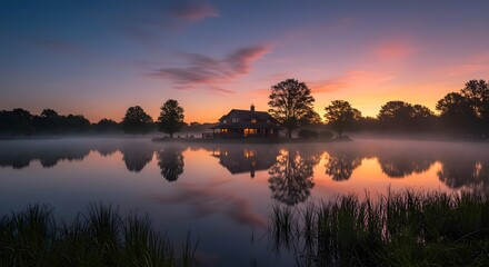 Obraz premium Tranquil Lake at Sunrise with Reflection of House and Trees