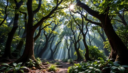 Fototapeta premium a dense forest of ancient trees creates a cool, shady oasis in the midst of the bustling world. sunlight filters through the canopy, dappling the forest floor with light and shadow