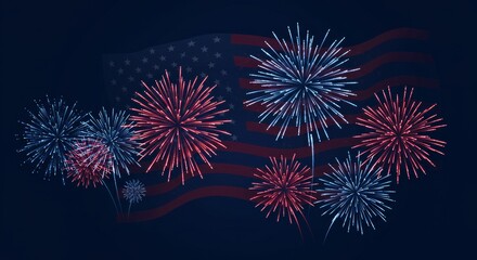 Fototapeta premium Illustrative vector of patriotic fireworks display against a waving flag backdrop