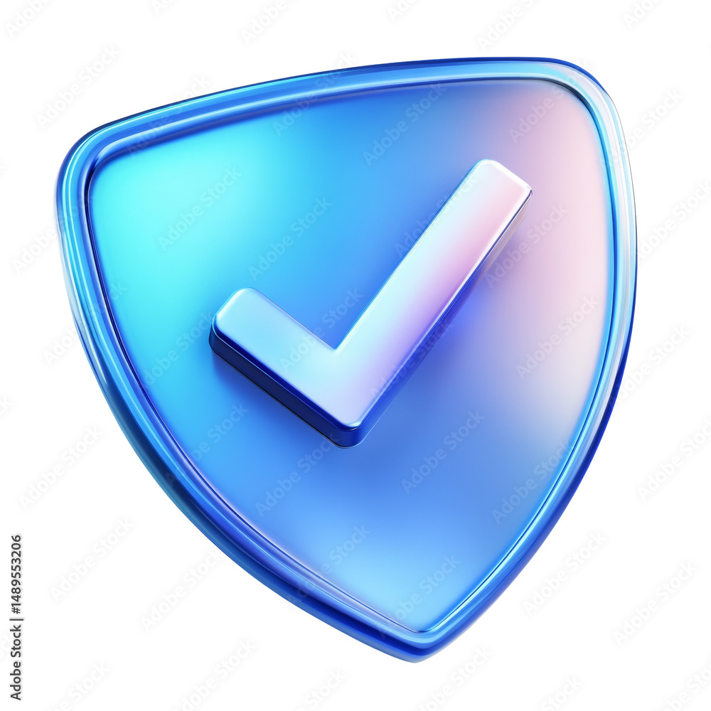 Poster glossy 3d shield with a checkmark symbolizes security and protection