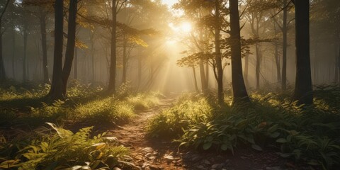 Obraz premium Golden sunlight streams through leaves, illuminating a vast, tranquil forest vista , shadow, view, background