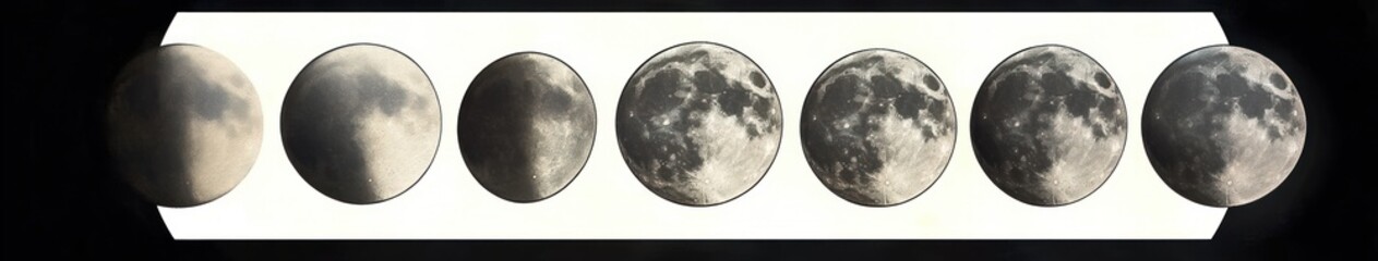 Naklejka premium Sequential phases of the moon showing transition from partial shadow to full illumination against a contrasting black and white background