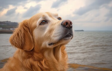 close-up of a golden retriever dog looking thoughtfully at the cloudy sky by the sea shore with calm water in the background