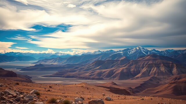 Serene vista of a vast, arid landscape with snow-capped mountain peaks under a partly cloudy sky - Powered by Adobe