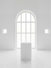 Fototapeta premium A white room with two windows and an open door.