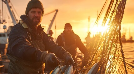 photo-realistic image of dock workers loading traceable eco-labeled fish, golden early morning light, cinematic scene