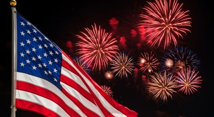 American flag waving majestically against the backdrop of vibrant fireworks show