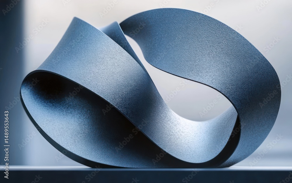 Poster smooth abstract dark blue metallic ribbon sculpture with elegant curves and flowing form on a neutra