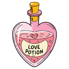 Romantic pink love potion in heart shaped bottle isolated vector illustration on white background