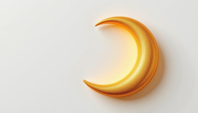 a 3d rendering of a gold crescent moon, bathed in soft moonlight, isolated against a pristine white background, crafted as a charming plastic icon for playful and whimsical applications.