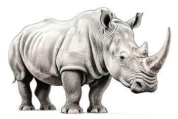 Fototapeta premium Rhinoceros drawing in a lifelike rendering with intricate linework, perfect for decor prints, suitable for nature books and educational assets focused on African wildlife and biodiversity themes.