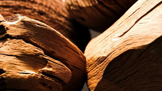 Closeup shot of stacked weathered firewood logs showcasing detailed wood grain texture, rustic surface patterns and warm brown hues illuminated by natural light.