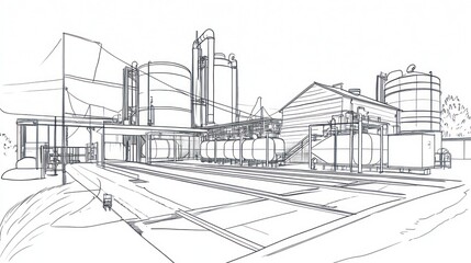 Industrial plant schematic, exterior view, process design, engineering blueprint, construction planning
