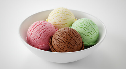 Bowl of ice cream scoops isolated on white background. American food