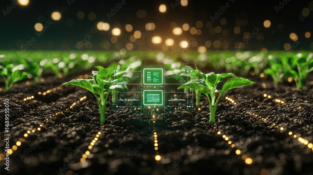 Poster abstract smart farming scene with iot devices and data visualization, bathed in radiant light, high-