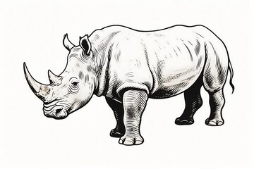 Obraz premium Rhinoceros drawing in monochrome line art style, ideal for tattoo designs and books, suitable for minimalist projects, logos, or any artwork needing a clean, defined, and powerful animal figure.