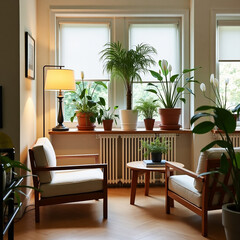Cozy interior living room featuring armchairs a floor lamp and various houseplants