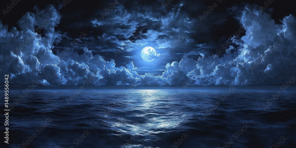 Poster full moon shining brightly over a calm ocean with dramatic clouds illuminated by moonlight creating 