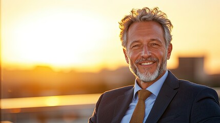 A successful businessman in a suit and tie, smiling warmly at the camera, upside-down perspective, bathed in bright dawn light.