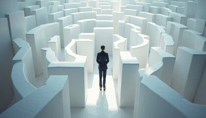 Man in Suit Standing in Maze of White Blocks
