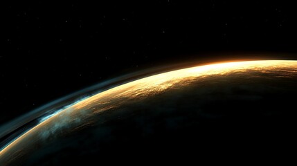 Obraz premium Distant view of a planet with atmospheric haze and celestial glow, contrasted against a dark interstellar expanse