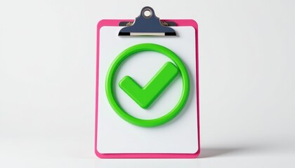 a vibrant cartoon 3d plastic clipboard, adorned with a cheerful green checkmark icon, stood proudly against a stark white background, ready to capture your important notes and accomplishments.
