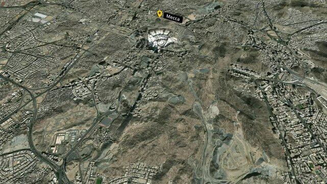 Mecca Aerial City Map with Al Masjid Al Haram &ndash; Arabic Location Labels and Cloud Animation